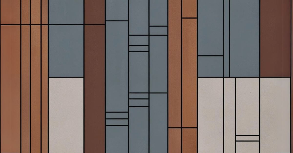 An abstract grid of slate blue, deep rust, and sandstone blocks outlined in black — structured, balanced, and minimal.