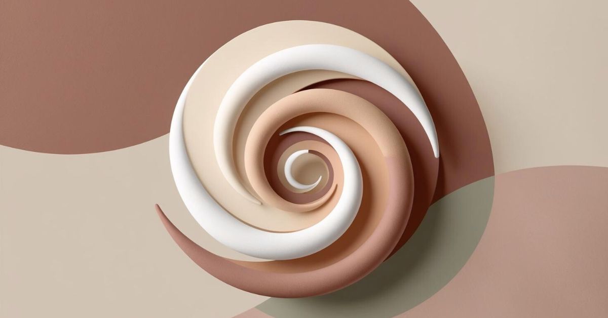 A soft spiral of layered curves in warm earth tones — clay, cream, sand, and rose — abstract and harmonious.