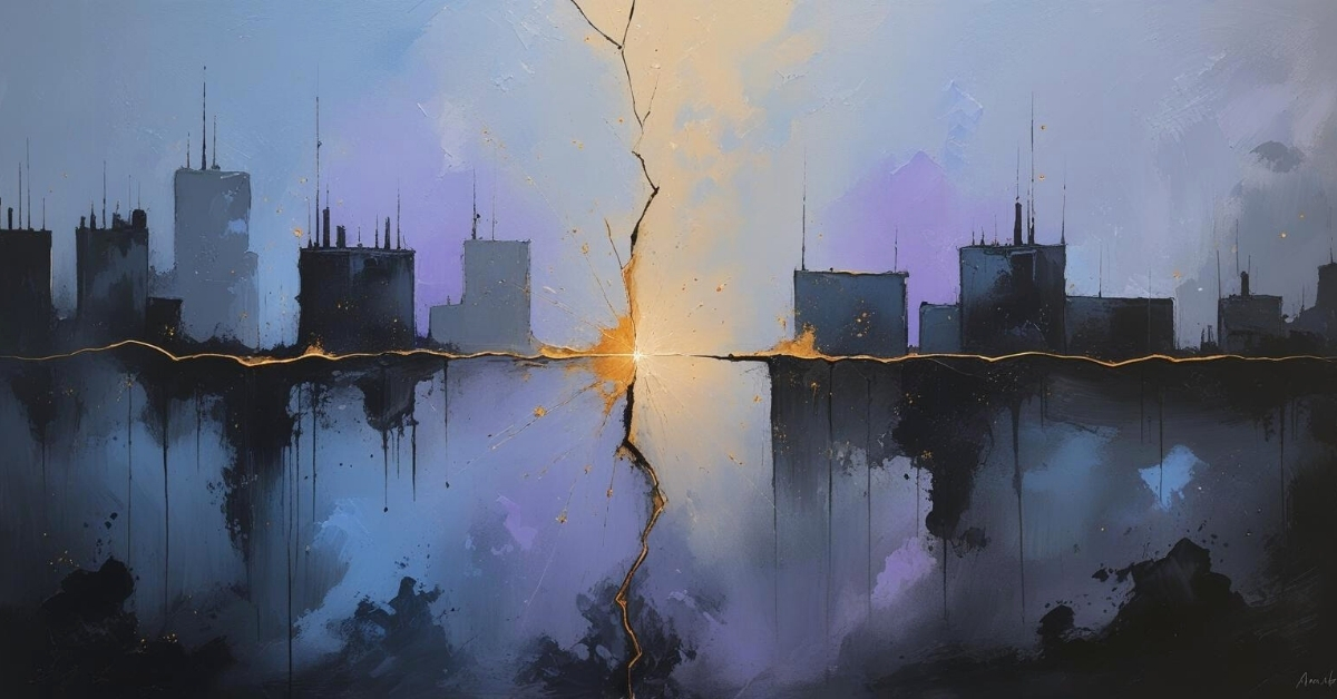 Abstract cityscape cracked open by light, symbolizing awakening through disruption