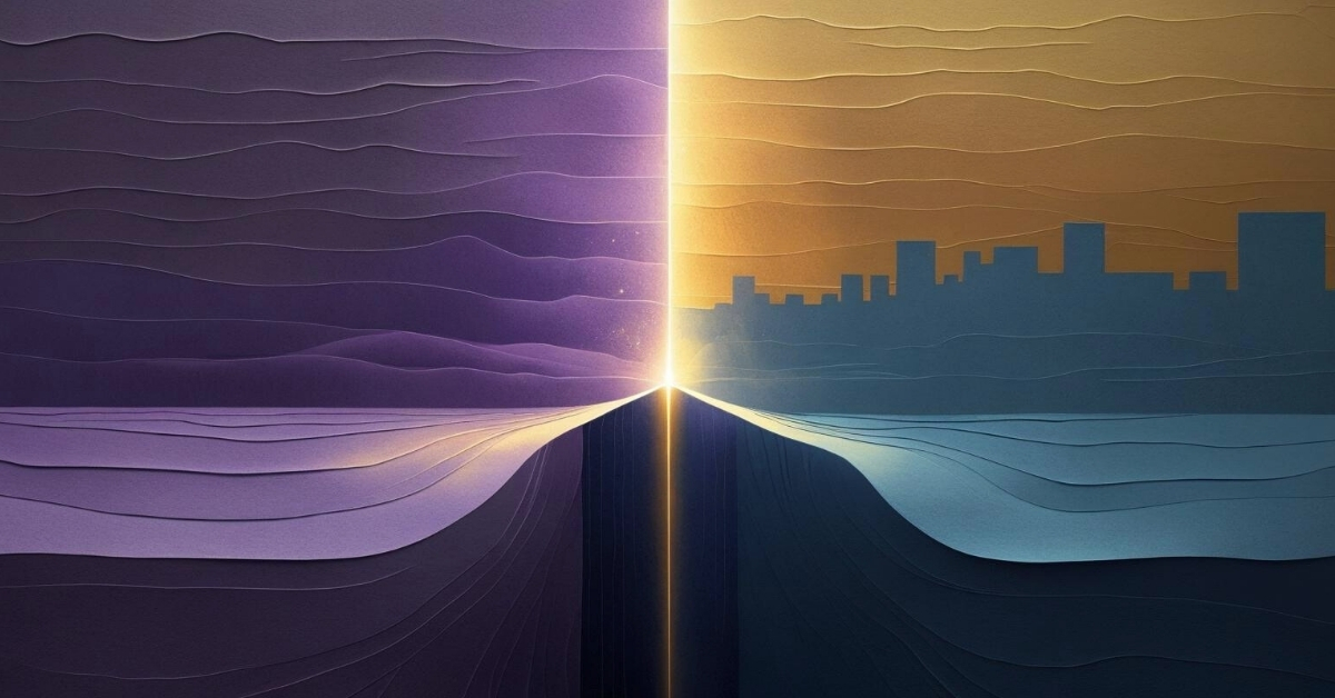 An abstract split image of layered terrain and skyline—purple-toned curves on the left, city silhouettes on the right—divided by a radiant vertical beam of golden light rising from the center.