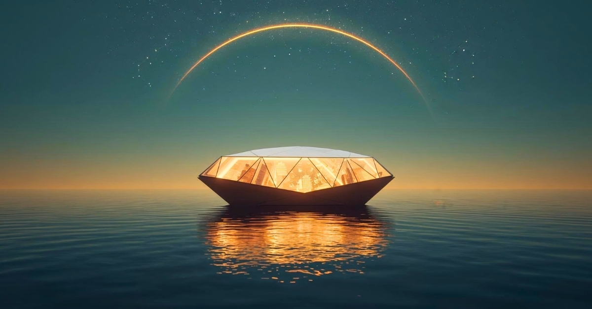 A modern, luminous ark with faceted glass panels floats on calm water beneath a soft golden arc of light and stars, symbolizing creation continuing from generation to generation.