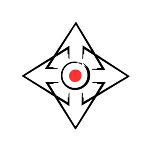 A geometric emblem showing four converging black triangles around a central circle with a red dot, symbolizing the flow of grace as the pulse of life—descending, extending, and returning through all directions of being.