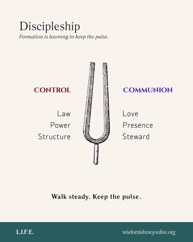 Infographic contrasting control and communion in leadership formation.