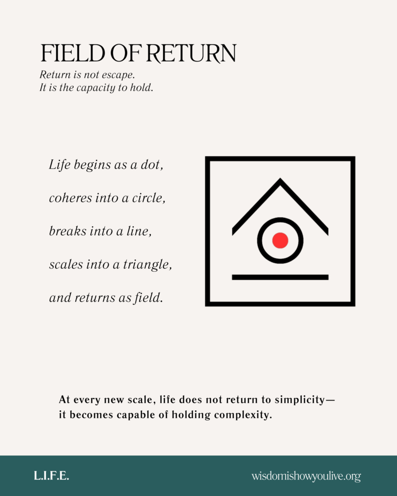 A minimalist geometric illustration: a red dot centered inside a black circle, beneath a roof-shaped triangle, resting on a horizontal line, all enclosed within a square border. The image represents life beginning as a point and returning as a field capable of holding complexity.