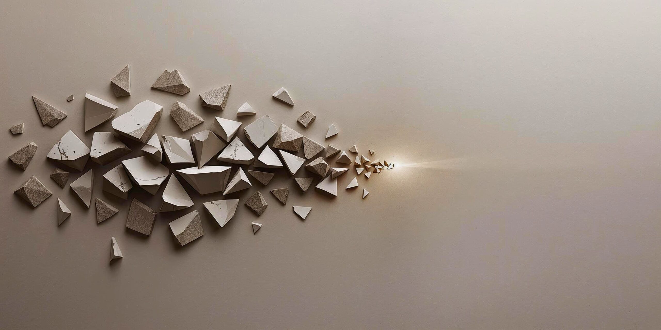 Abstract composition of scattered geometric fragments gradually aligning toward a soft point of light, symbolizing movement from fragmentation to coherence.