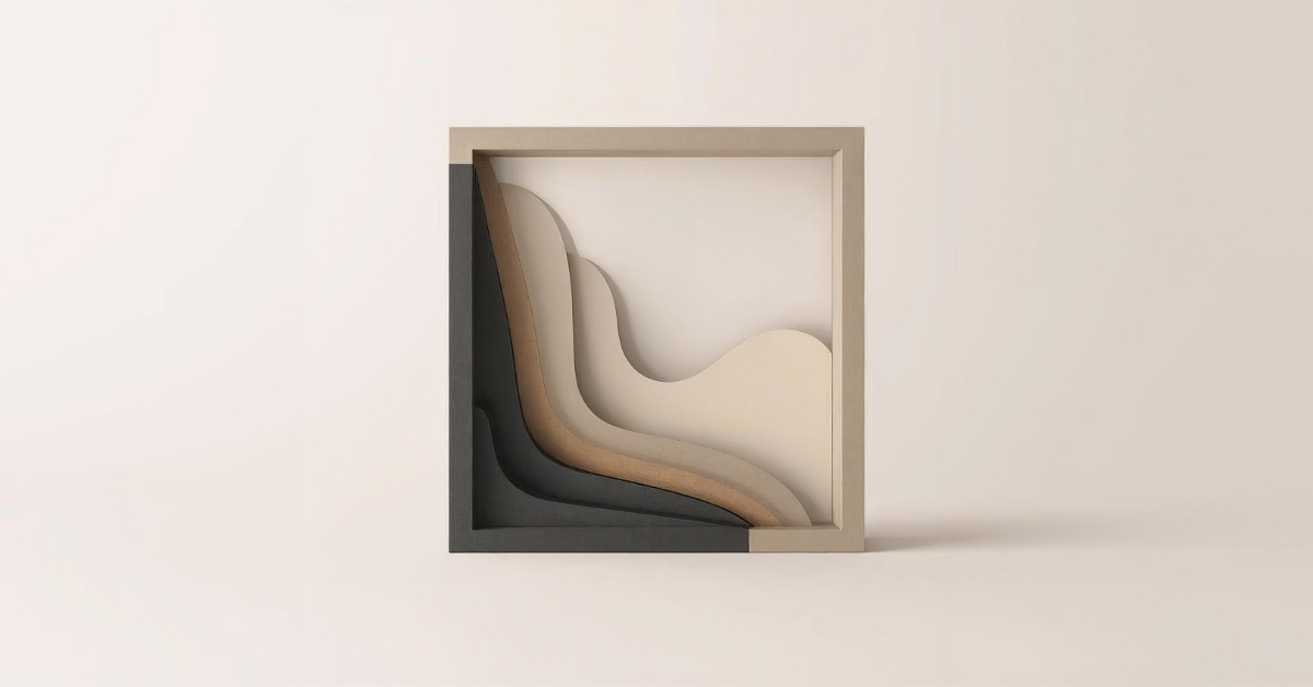 An abstract grid of slate blue, deep rust, and sandstone blocks outlined in black — structured, balanced, and minimal.