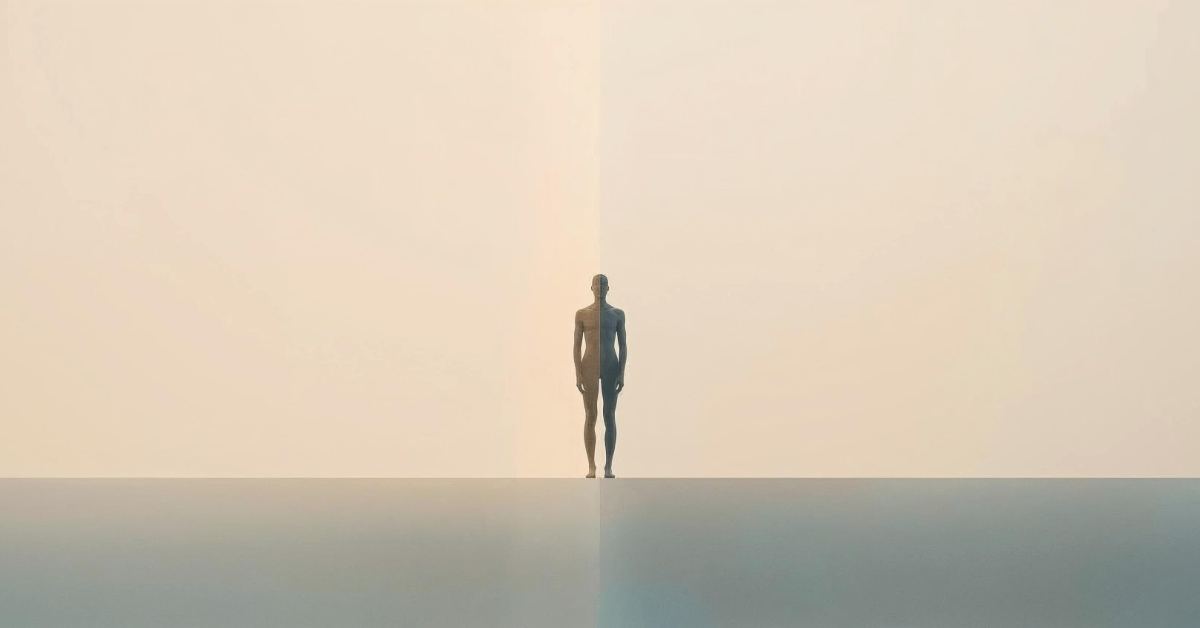 A human figure standing at a threshold between light and shadow, representing transformation and optimization in human formation.