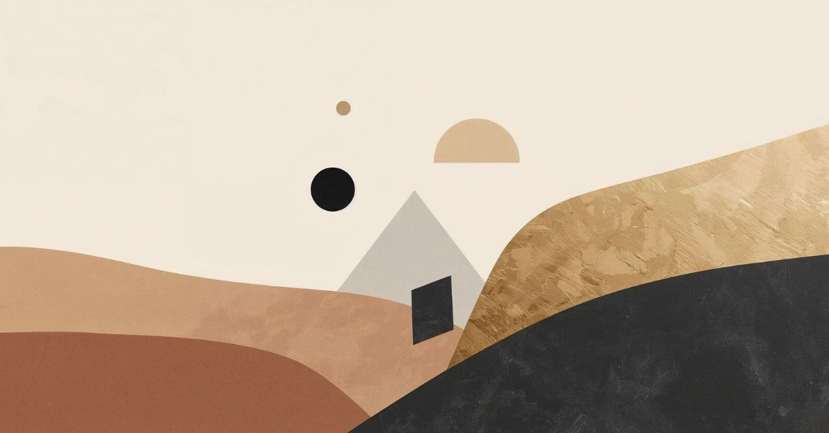 Abstract geometric composition suggesting four forms gathering into a coherent field, symbolizing life becoming capable of holding complexity.