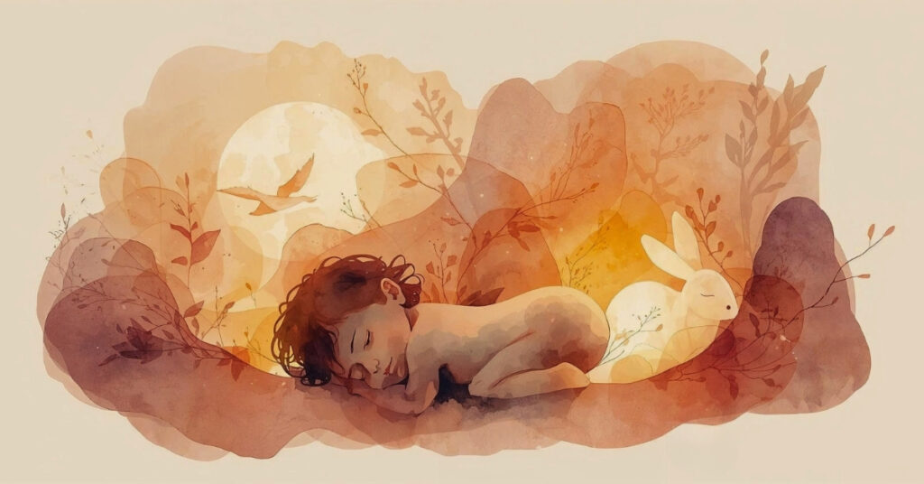 A sleeping child surrounded by warm, dreamlike shapes of a bird and rabbit, symbolizing how early stories imprint memory and identity before understanding.