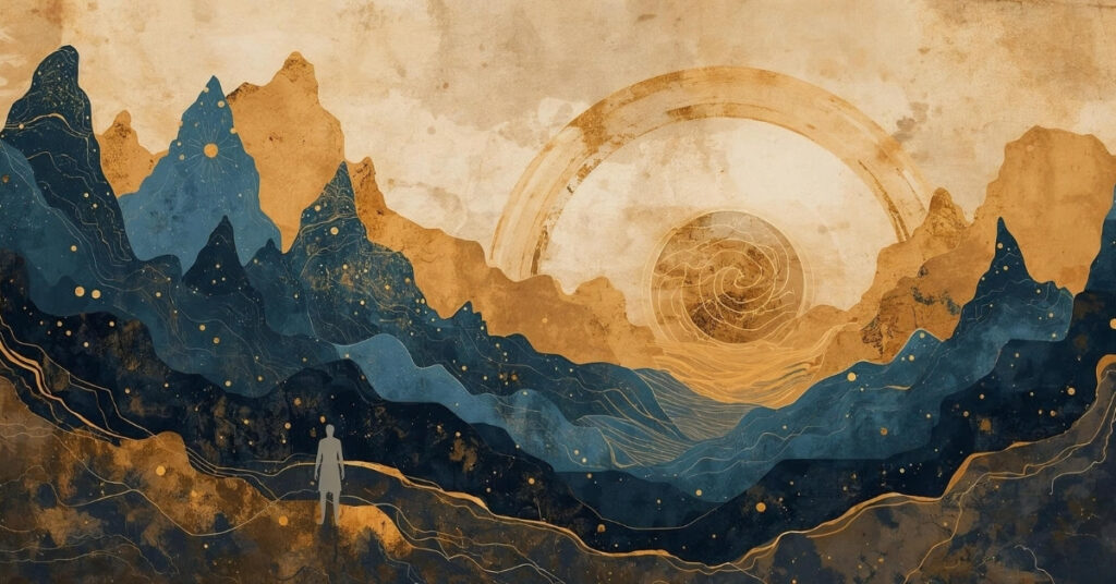 A lone figure stands in a vast, layered landscape beneath a spiral horizon, symbolizing the journey of human formation carried through myth and time.