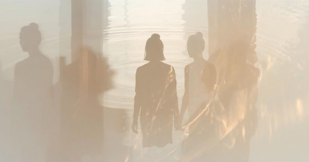 Soft silhouettes of human figures reflected and layered in light and water, symbolizing how timeless stories mirror identity and recognition within us.