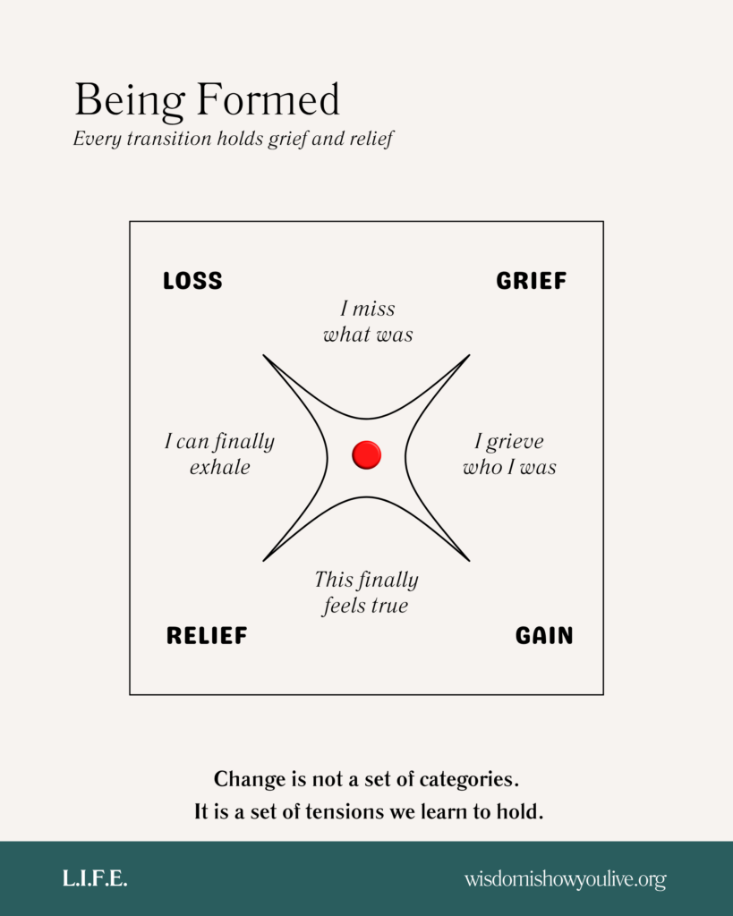 Abstract diagram showing a central point surrounded by curved lines and the forces of loss, gain, grief, and relief, representing the experience of being formed through life transitions.