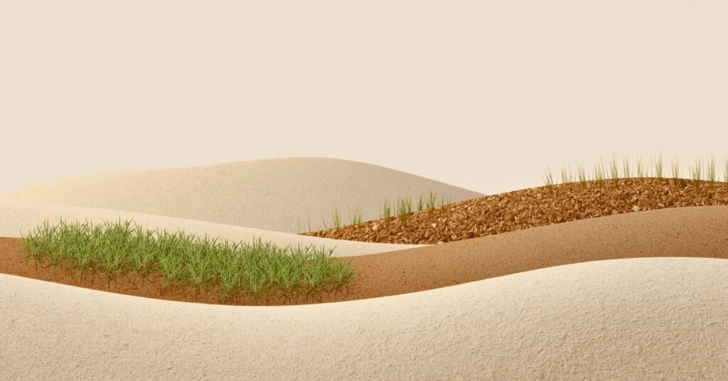 A minimalist landscape of layered sand and soil with patches of grass growing unevenly across the surface, showing areas of nourishment, balance, and dryness within a single continuous field.