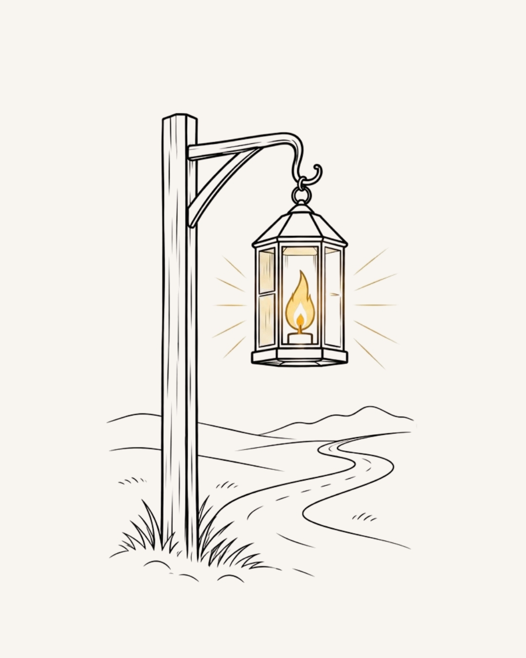 A glowing lantern hanging from a wooden post beside a winding trail through the landscape.